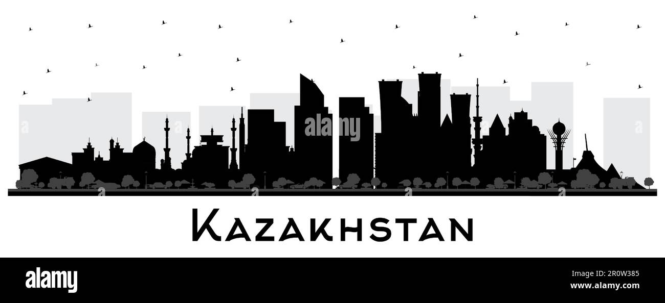 Kazakhstan City Skyline Silhouette con edifici neri isolati su bianco. Illustrazione vettoriale. Concetto con architettura moderna. Paesaggio urbano del Kazakistan Illustrazione Vettoriale