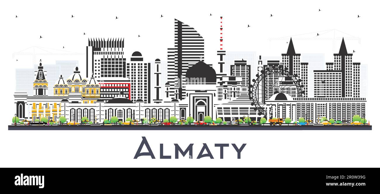 Almaty Kazakhstan City Skyline con edifici a colori isolati su bianco. Illustrazione vettoriale. Paesaggio urbano di Almaty con punti di riferimento. Viaggi d'affari. Illustrazione Vettoriale