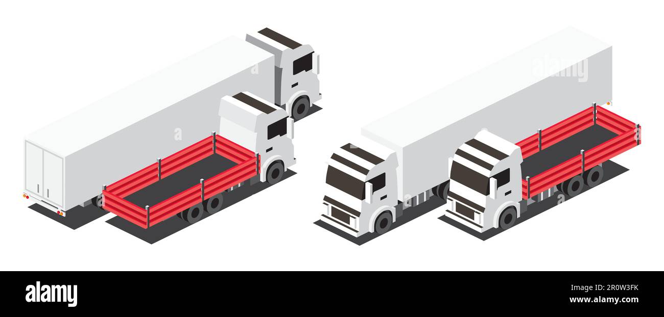 Autocarro a pianale piatto rosso isometrico e rimorchio autocarro con container. Trasporto commerciale. Logistica. Oggetto città per infografica. Illustrazione vettoriale Illustrazione Vettoriale