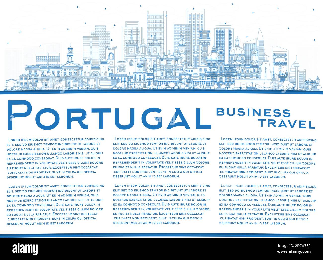 Portogallo. Delineate lo skyline della città con edifici blu e Copy Space. Illustrazione vettoriale. Concetto con architettura moderna e storica. Illustrazione Vettoriale