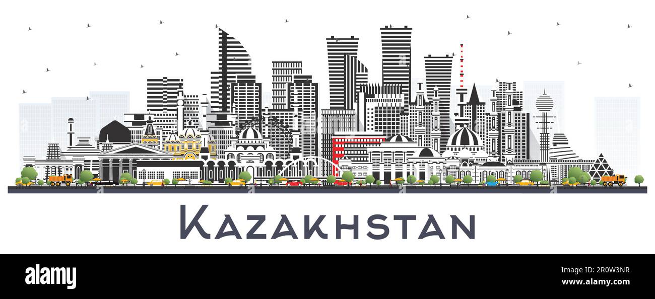 Skyline della città di Kazakhstan con edifici grigi isolati su White. Illustrazione vettoriale. Concetto con architettura moderna. Paesaggio urbano del Kazakistan. Illustrazione Vettoriale