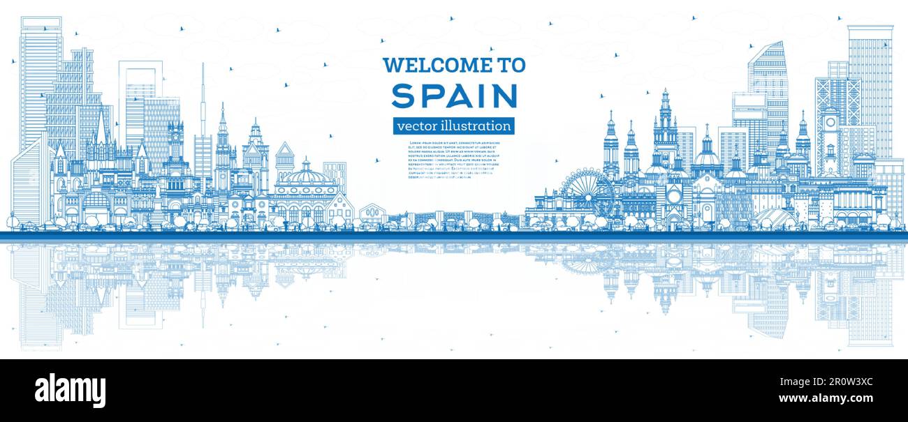 Benvenuti in Spagna. Delineate lo skyline della città con edifici blu e riflessi. Illustrazione vettoriale. Architettura storica. Spagna paesaggio urbano con punti di riferimento Illustrazione Vettoriale