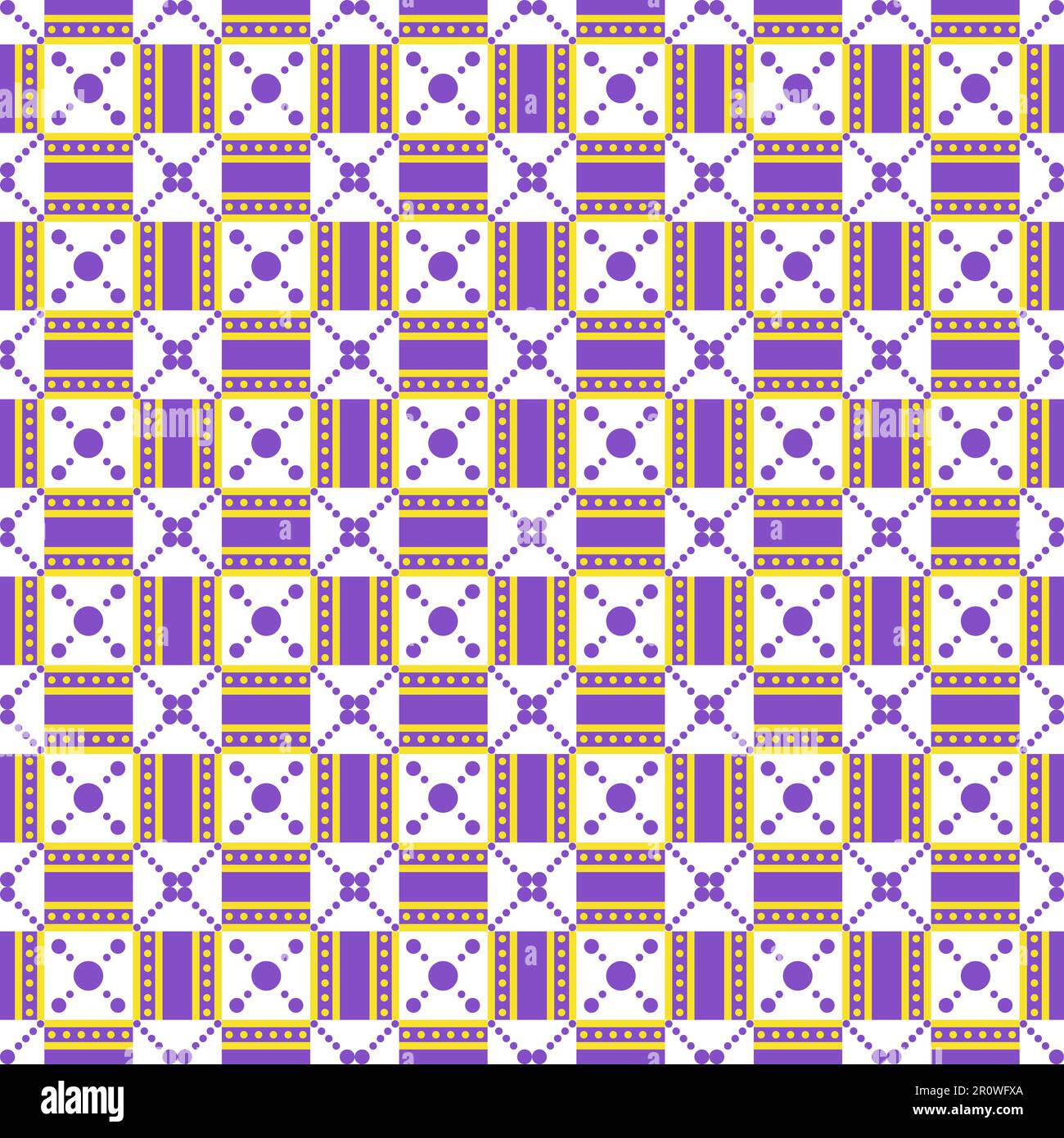 Fantasia geometrica complessa con quadrati e puntini viola e oro su sfondo bianco Foto Stock