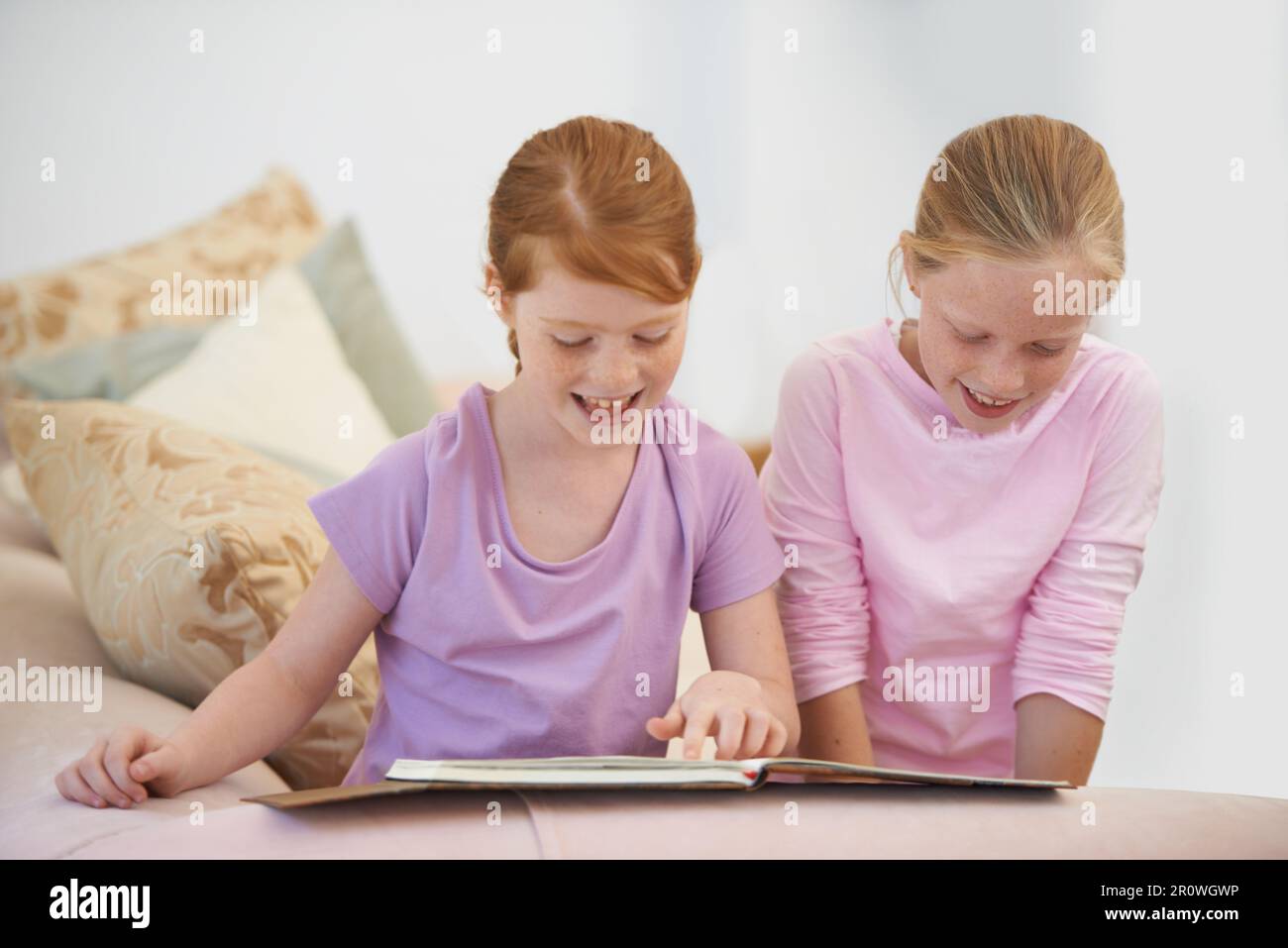 Tuffati nel mondo dei libri di storia. Due sorelle che leggono un libro di storia nel salone. Foto Stock
