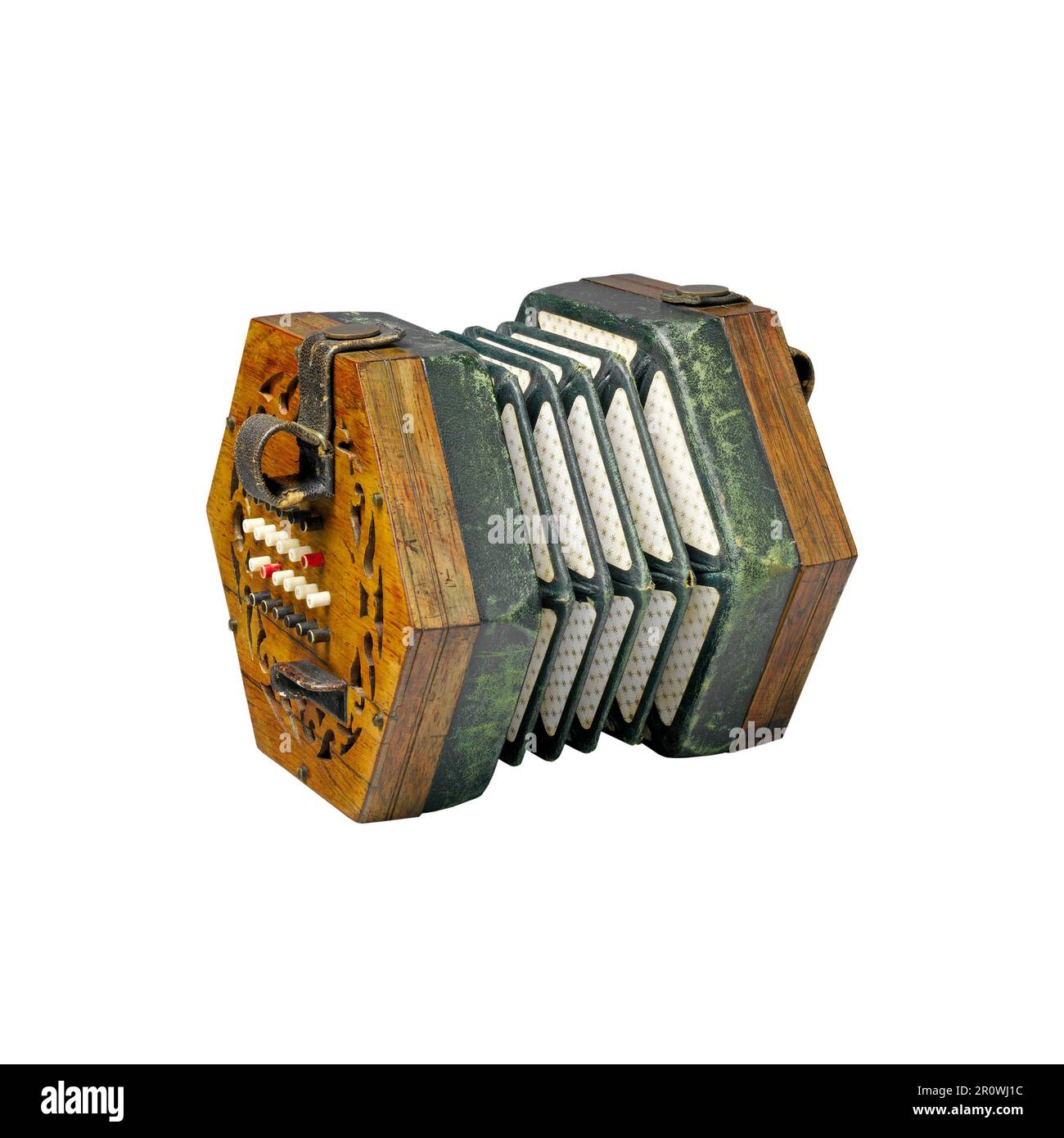 Vecchio strumento musicale di concertina d'epoca del 19th ° secolo isolato Foto Stock