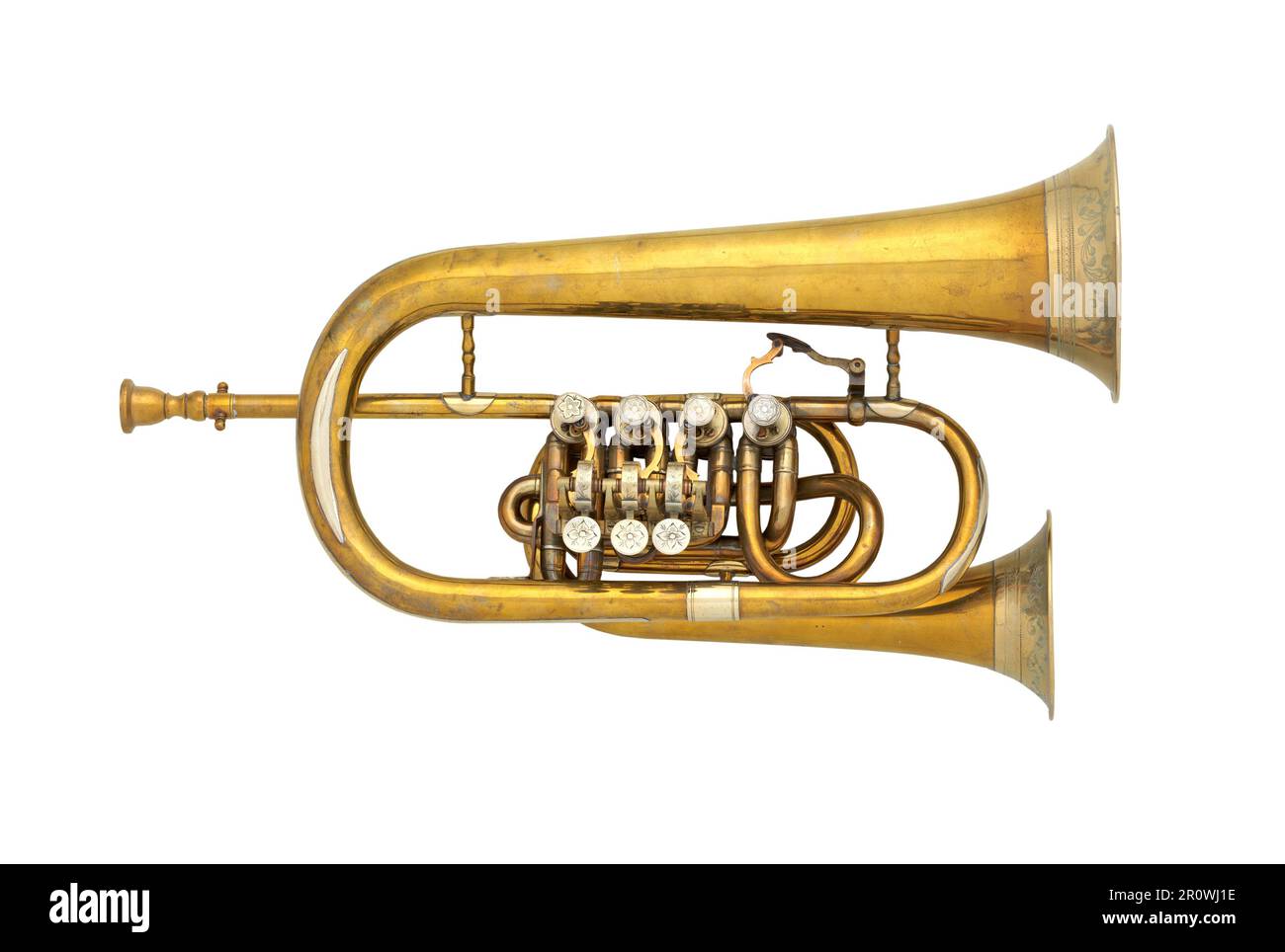 Vecchio strumento musicale in ottone a fieno isolato su sfondo bianco, retrò tromba o cornetto closeup dal 19th ° secolo Foto Stock