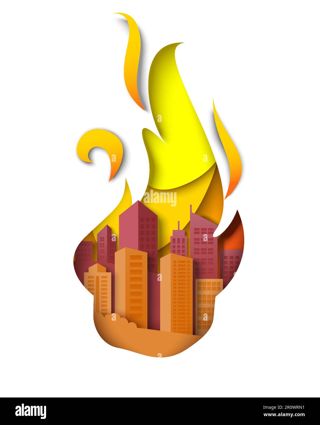 Edifici urbani in fiamme di fuoco illustrazione vettoriale in stile taglio di carta Illustrazione Vettoriale