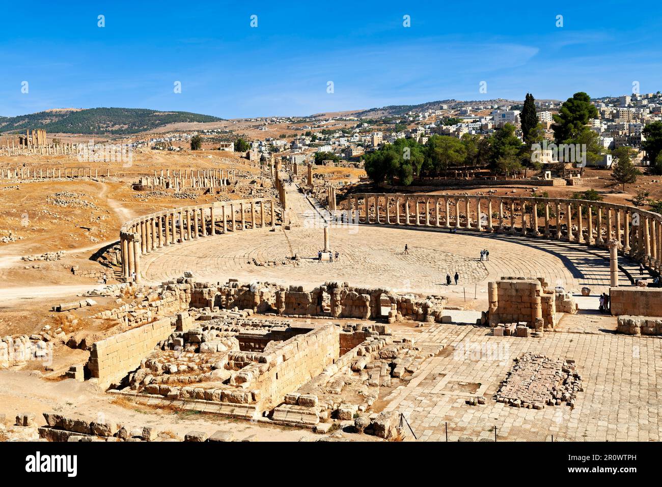 Giordania. La città greca romana di Gerasa Jerash. Il foro ovale e cardo maximus Foto Stock