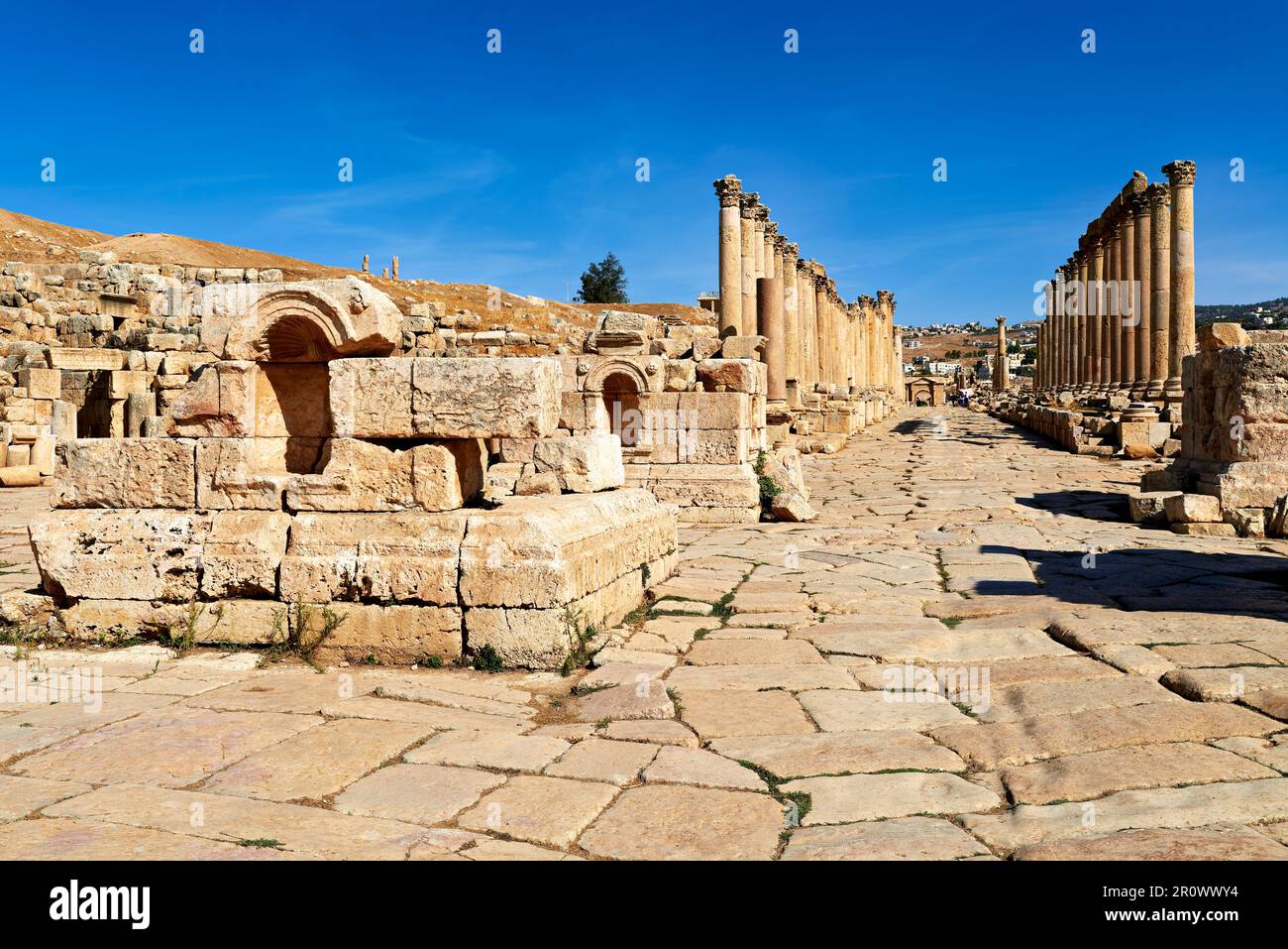 Giordania. La città greca romana di Gerasa Jerash. La strada colonnata Foto Stock