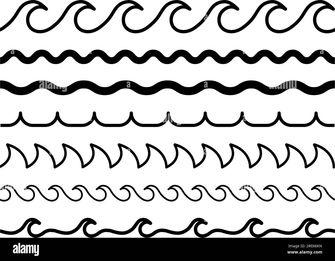 Set di icone della forma d'onda. Raccolta del simbolo della linea d'acqua. Illustrazione del vettore piatto Illustrazione Vettoriale