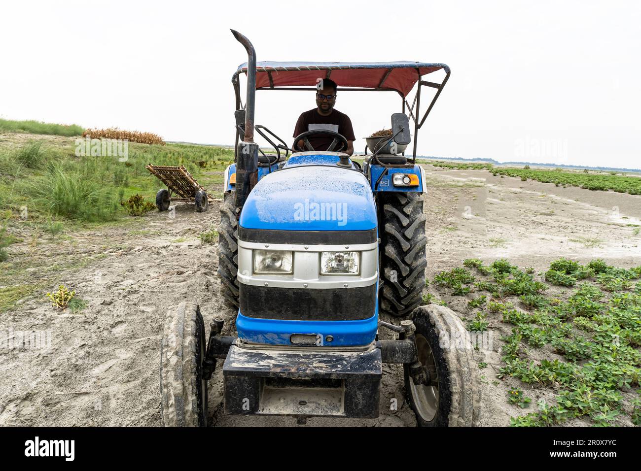Buon contadino seduto su un trattore. Un agricoltore maschio di mezza età che guida il trattore durante il raccolto nella campagna del campo Foto Stock