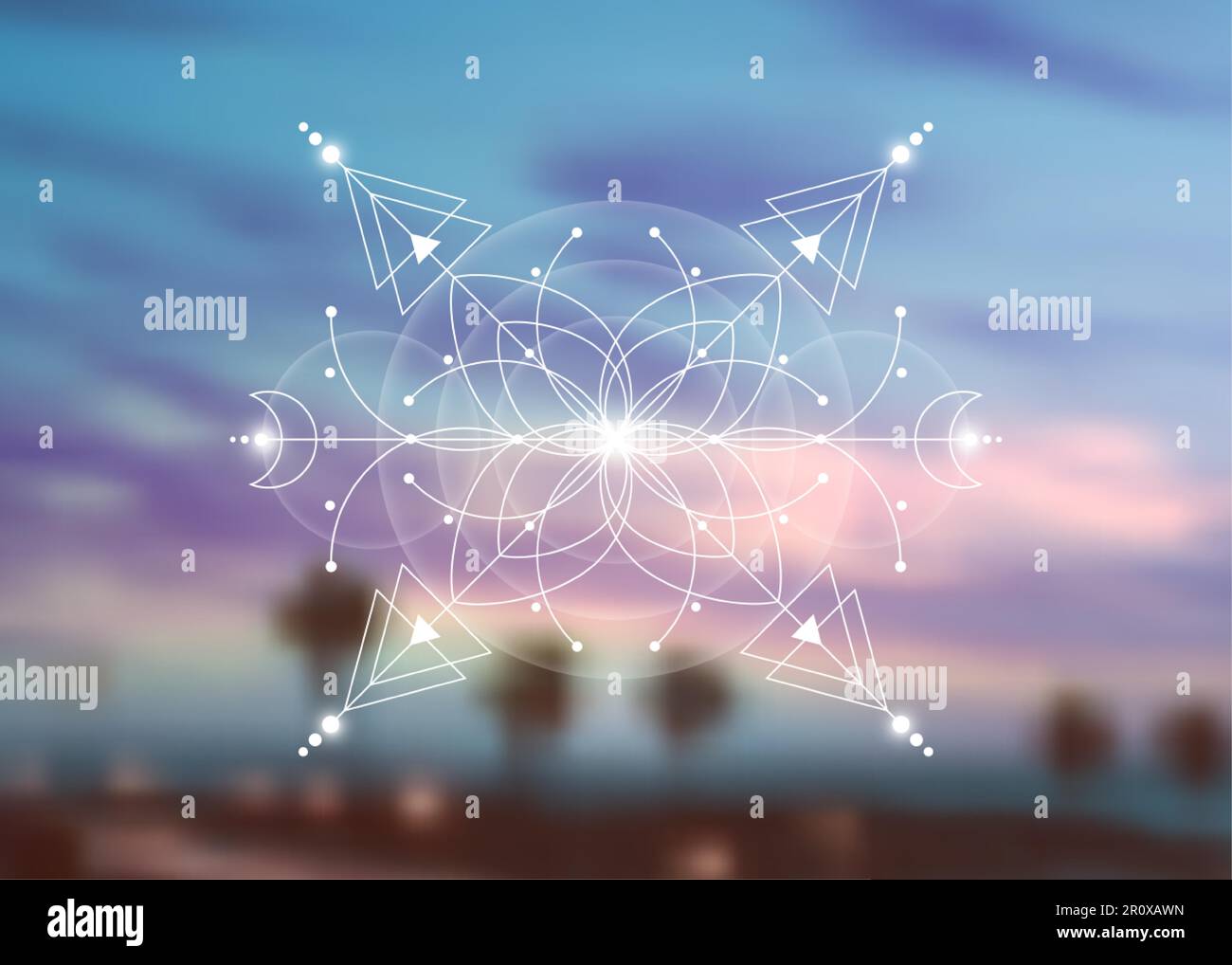 Geometria sacra, Fiore della vita, disegno mistico di cerchi, triangoli, luna, schema di energia. Simboli luminosi di alchimia, magia, esoterica, occulta Illustrazione Vettoriale