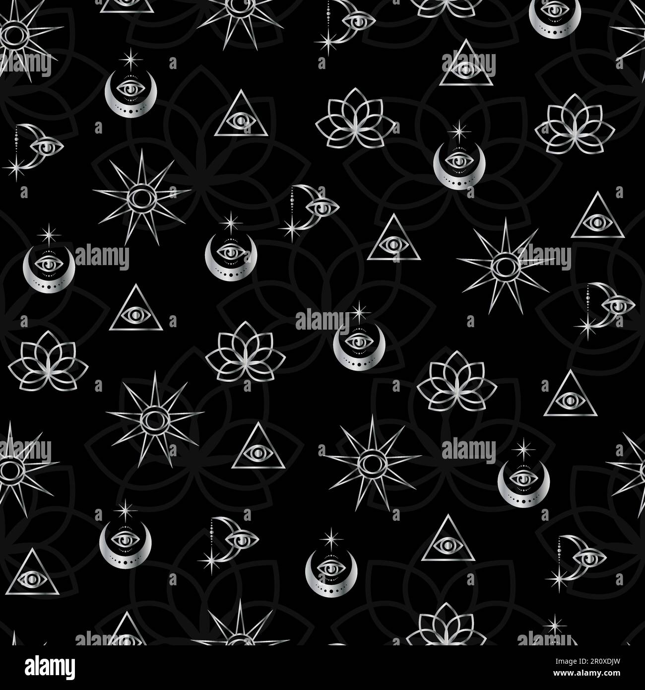 Simboli esoterici in argento su sfondo nero motivo senza cuciture. Segni astrologici del sole della stella della luna, stampa vettoriale Illustrazione Vettoriale