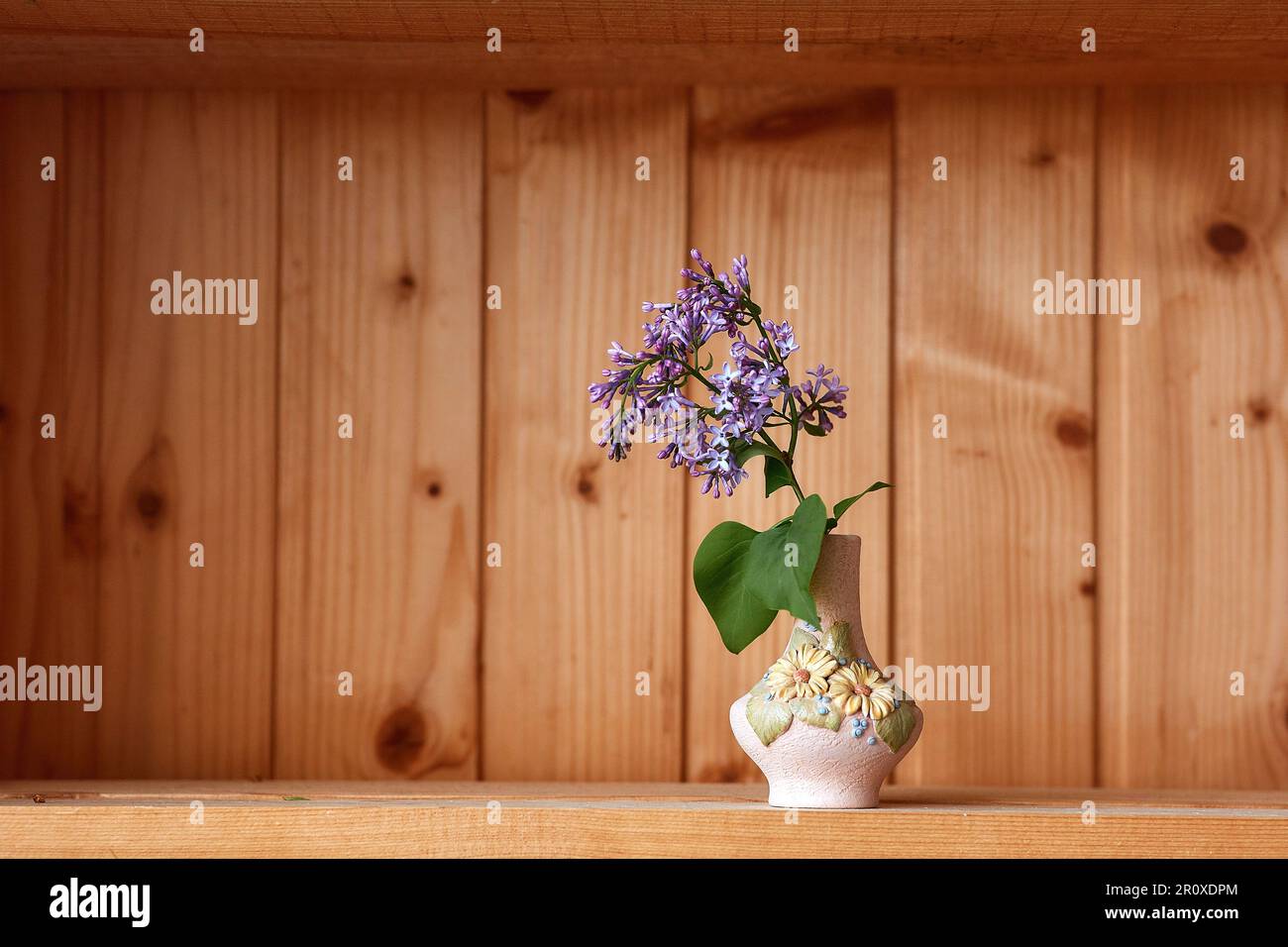 Un vaso con fiori su sfondo di legno da vista laterale Foto Stock