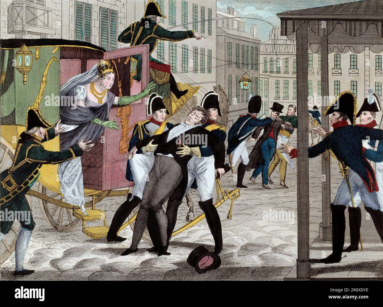 Assassinat du duc de Berry à la porte de l'Opéra par Louvel le 13 février 1820 - assassinio di Charles-Ferdinand di Francia (1778-1820) Duca di Berry, di Louis Louvel, di fronte al teatro dell'opera in rue de Richelieu, 13th febbraio 1820 - la mort de Charles Ferdinand de Bourbon, duc de Berry (1778-1820) le 13/02/1820 a la sortie de l'Academie royale de musique' le neveu du roi Louis XVIII est assassine a l'Opera par Louvel un republicain voulant eteindre la dynastie royale. Gravure. Foto Stock