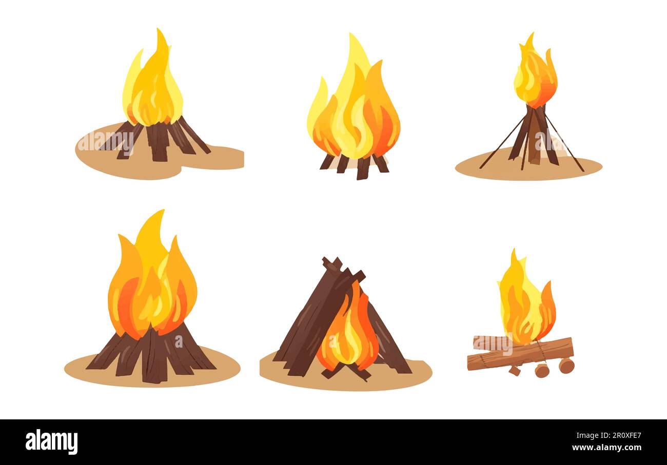 imposta l'illustrazione vettoriale del fuoco da legno capming estate concetto isolato su bianco Illustrazione Vettoriale