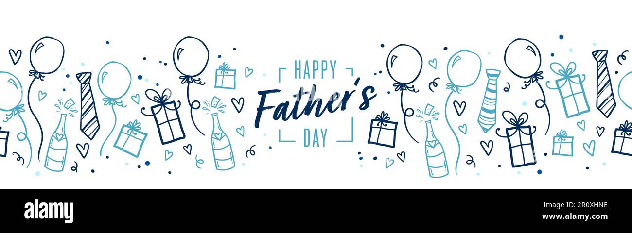 Carino Father's Day design, doodles disegnati a mano, scatole regalo, palloncini, confetti - ottimo per striscioni, sfondi, carte, copertine di immagini - vettore Illustrazione Vettoriale