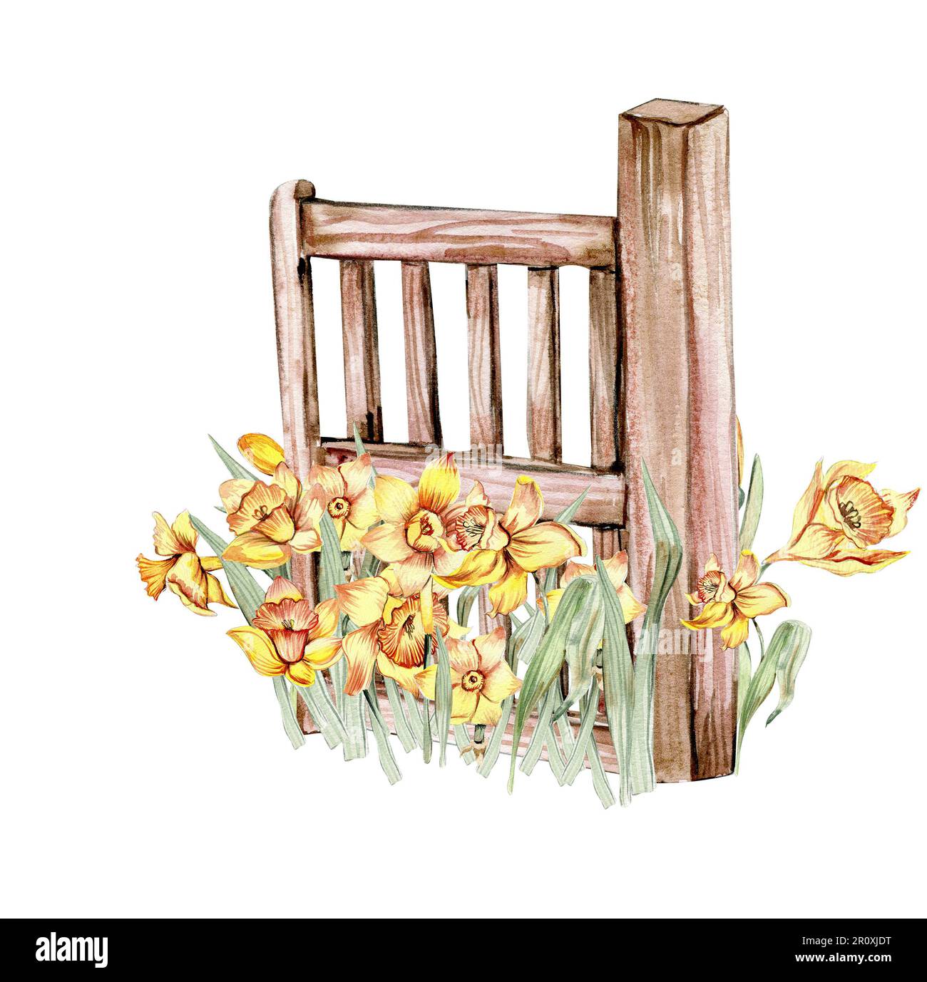 Composizione acquerello con recinzione e fiori. Composizione in stile cartoon. Illustrazione disegnata a mano dell'estate. Perfetto per scrapbooking, Foto Stock