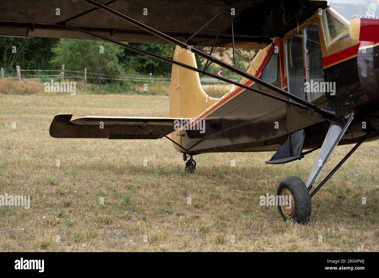 Vecchio aeroplano classico vintage sul campo. Dettaglio di un biplanare. Motore radiale a nove cilindri. Foto Stock