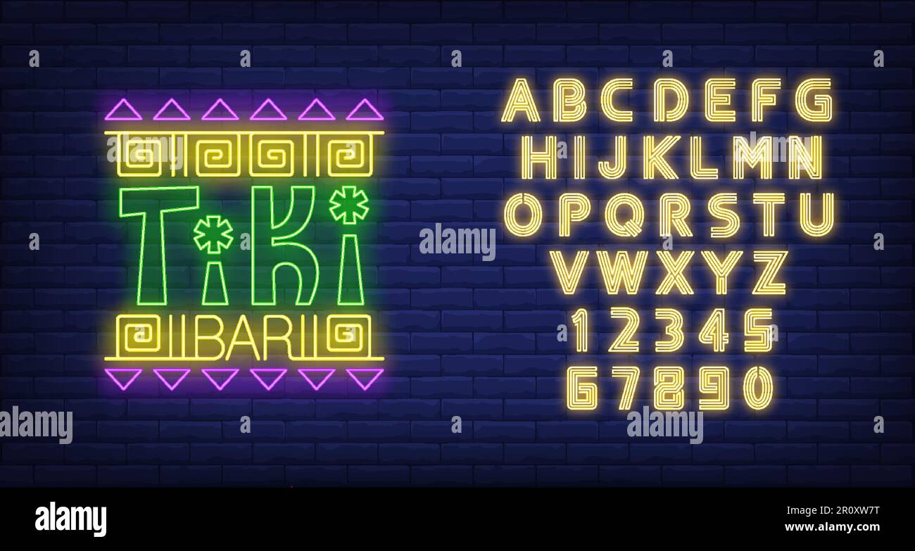 Testo al neon della barra Tiki con ornamento etnico Illustrazione Vettoriale