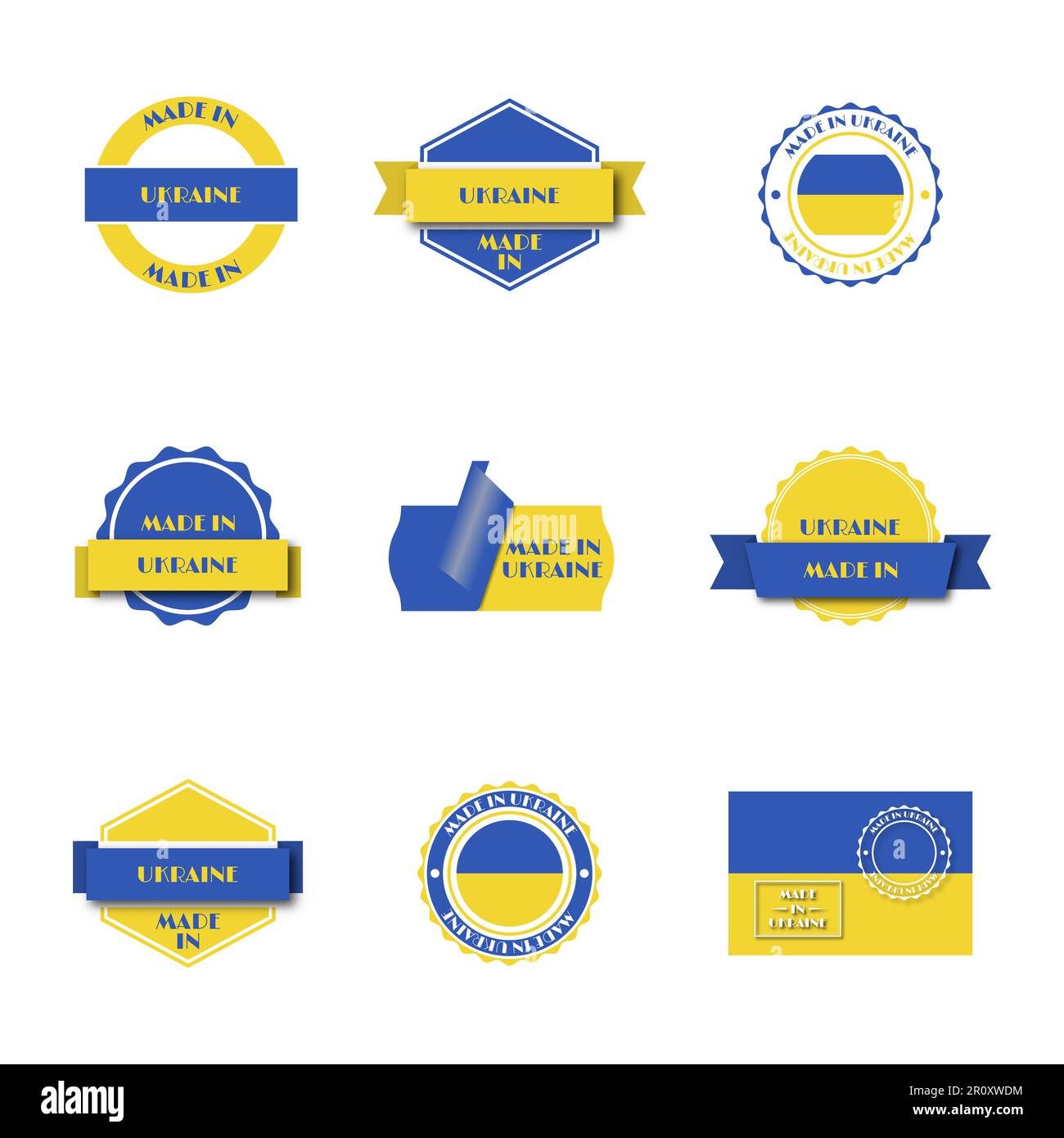 Set di varie etichette made in Ucraina isolate su sfondo bianco, illustrazione vettoriale. Illustrazione Vettoriale