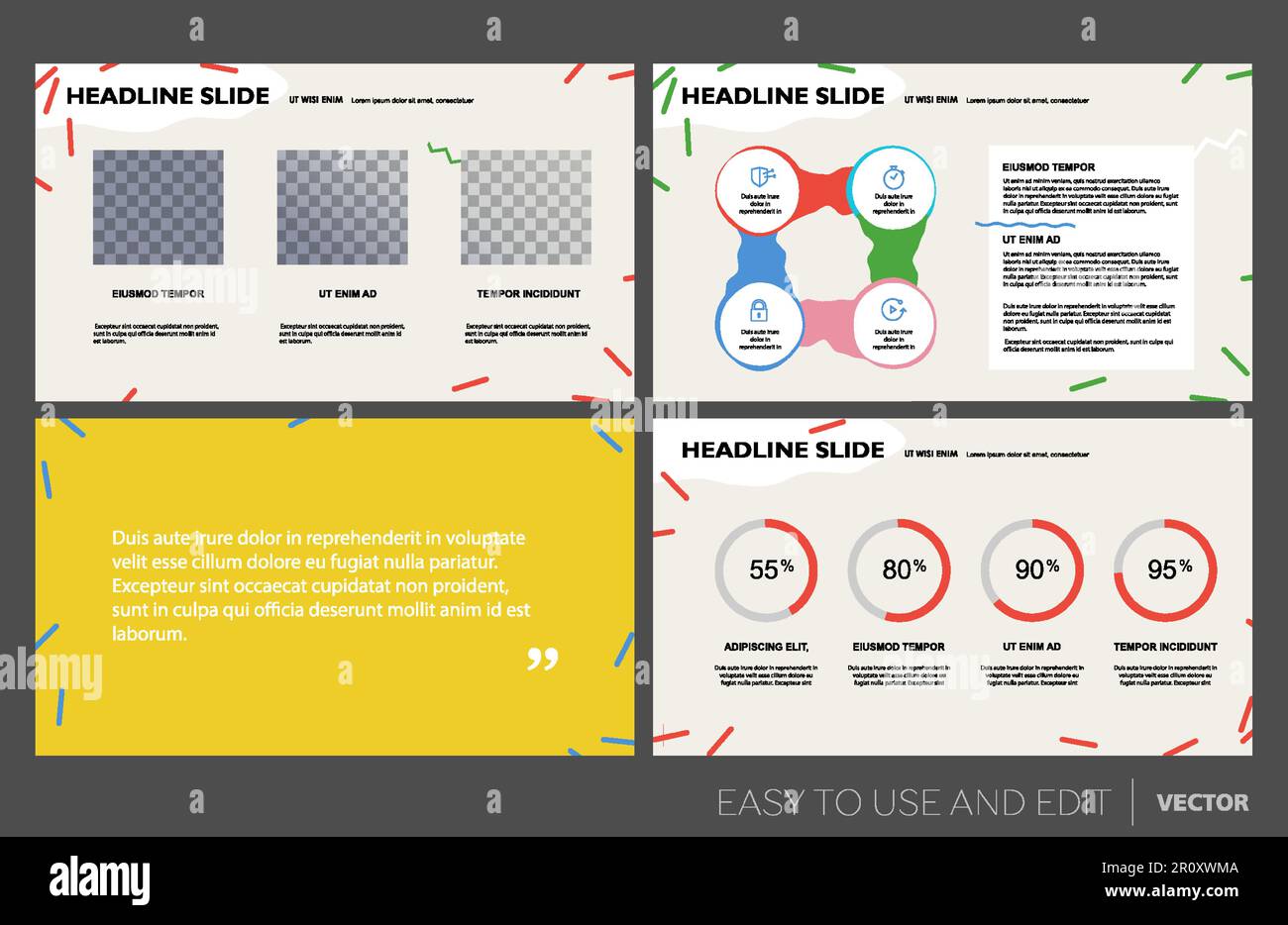 I modelli di presentazione creativa sono elementi su sfondo blu. Infografiche vettoriali. Illustrazione Vettoriale