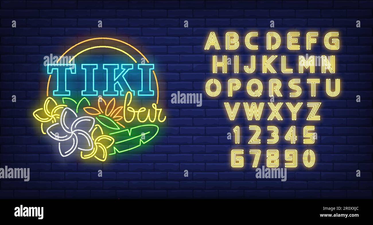 Testo al neon barra Tiki con fiori Illustrazione Vettoriale