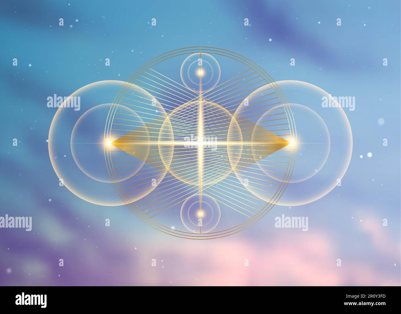 Geometria sacra planetaria, sovrapposizione delle linee d'oro, forma triangoli su cerchi. Orbite di cerchio di energia. Simboli di alchimia, magia, esoterico, occultismo Illustrazione Vettoriale