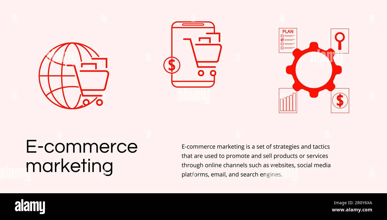 E-commerce Marketing Banner su sfondo chiaro. Elegante banner e-commerce con testo nero e icone rosse per il business e il marketing Illustrazione Vettoriale
