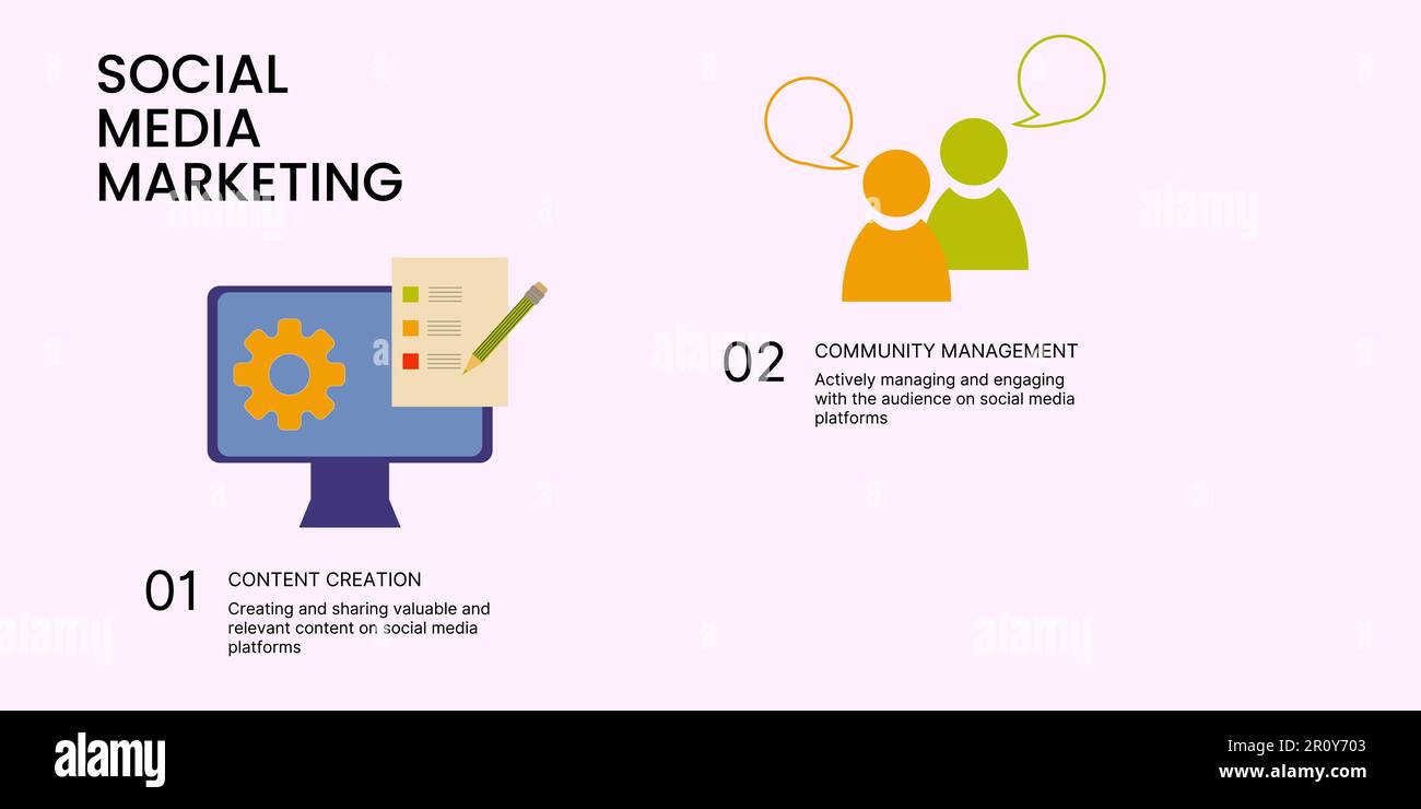 Banner di marketing sui social media su sfondo chiaro. Elegante banner SMM con testo nero e icone colorate per il business e il marketing Illustrazione Vettoriale