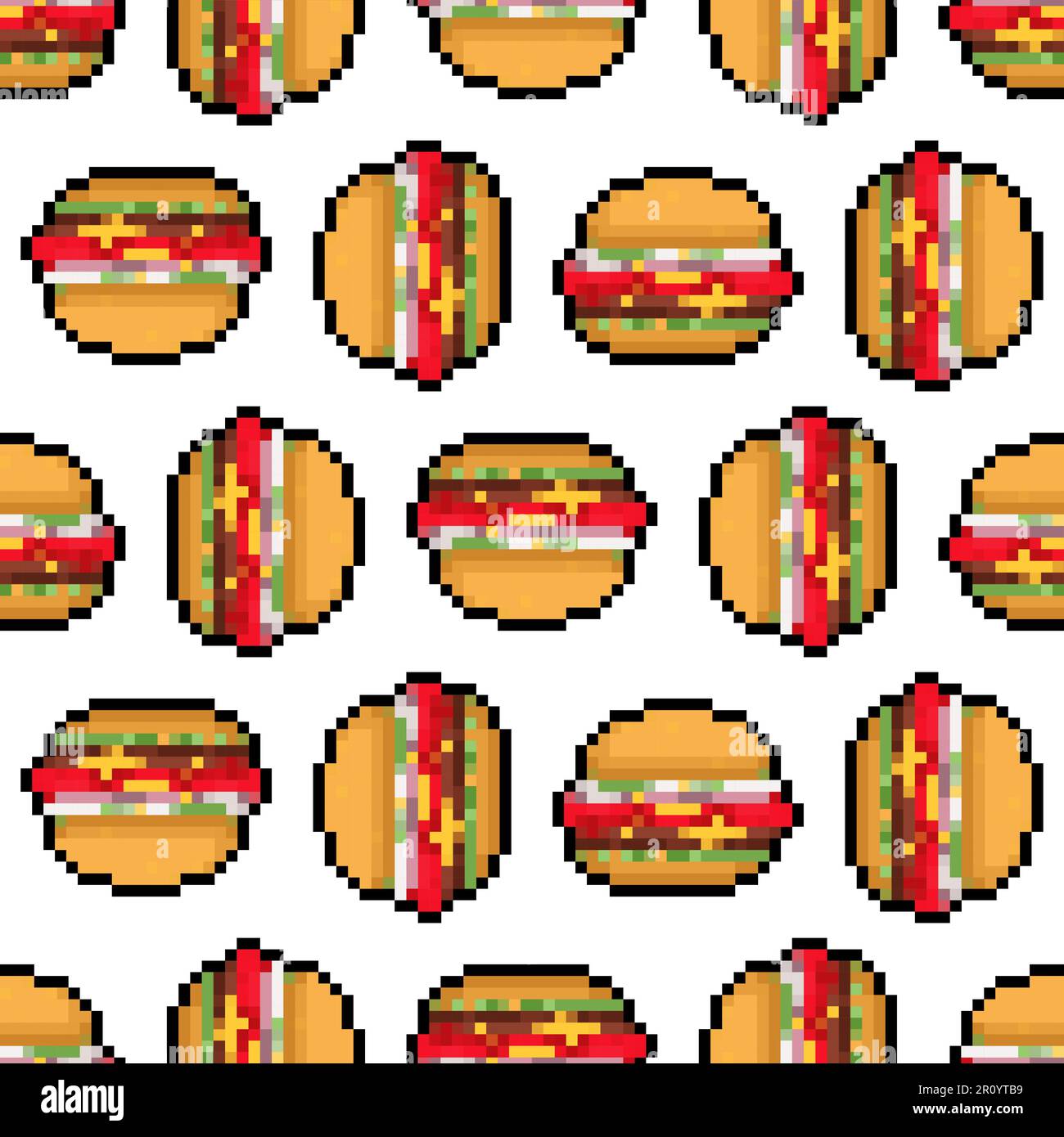 Pattern artistico Burger pixel senza cuciture. Hamburger sfondo pixelato. Fast food 8 bit texture Illustrazione Vettoriale