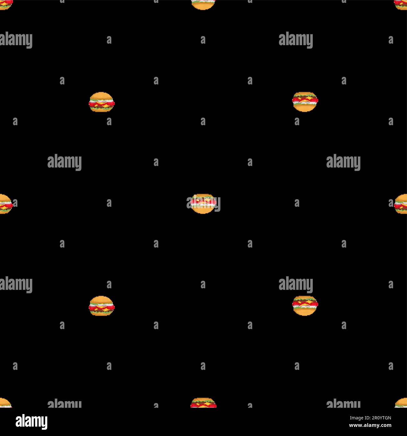 Pattern artistico Burger pixel senza cuciture. Hamburger sfondo pixelato. Fast food 8 bit texture Illustrazione Vettoriale