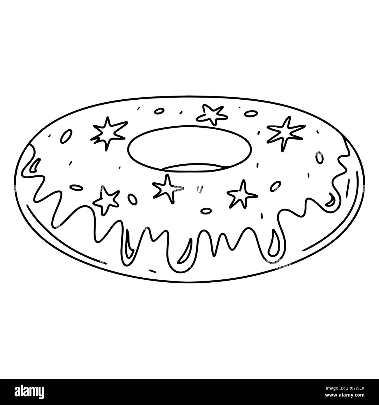 Ciambella gustosa in stile doodle disegnato a mano. Illustrazione vettoriale isolata su bianco. Pagina da colorare Illustrazione Vettoriale