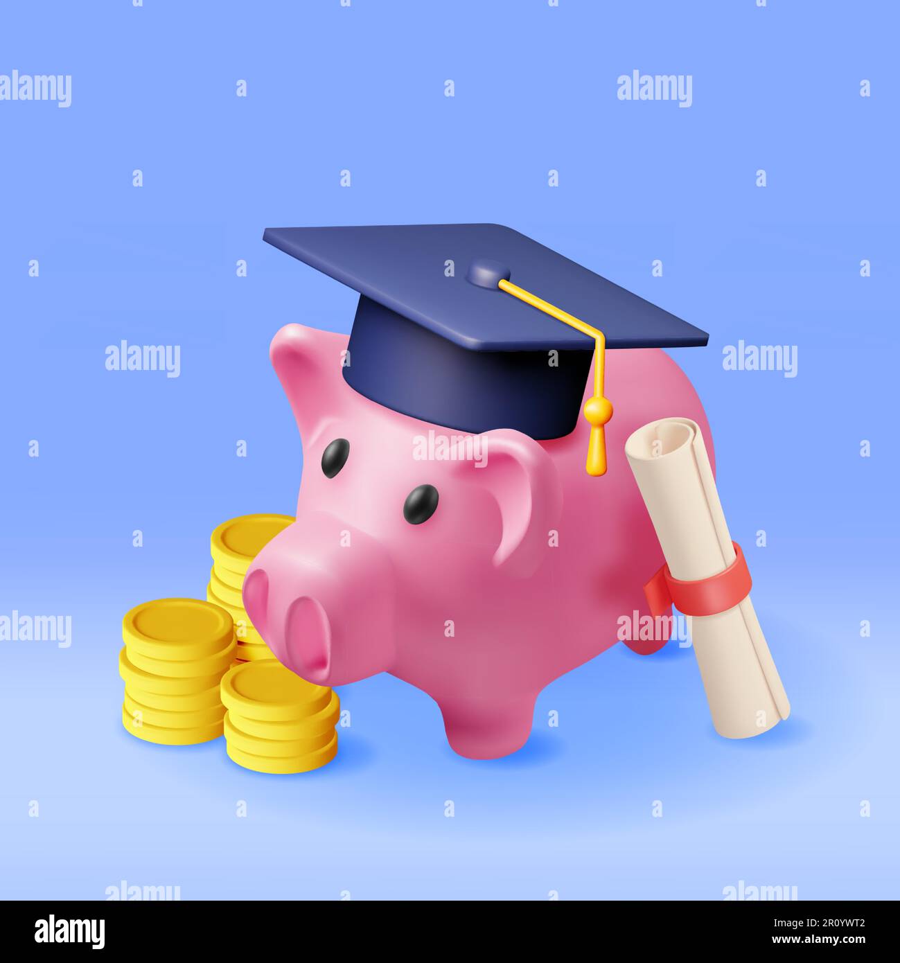 3D Banca Piggy con tappo di laurea, diploma, monete Illustrazione Vettoriale