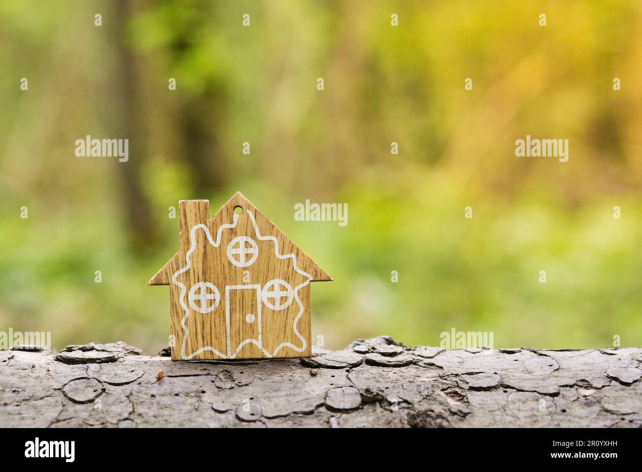 Modello di casa in legno su sfondo verde foresta. Casa ecologica e concetto di sostenibilità. Concetto di consapevolezza ambientale mondiale. Spazio di copia. Selez Foto Stock