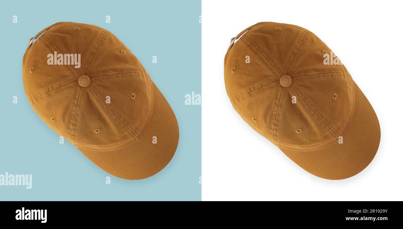Visiera in cotone marrone. Accessorio moda per abbigliamento casual, sport, lavoro, giardinaggio o divertimento. Vista dall'alto isolata su sfondo bianco. Da cappello a professionista Foto Stock
