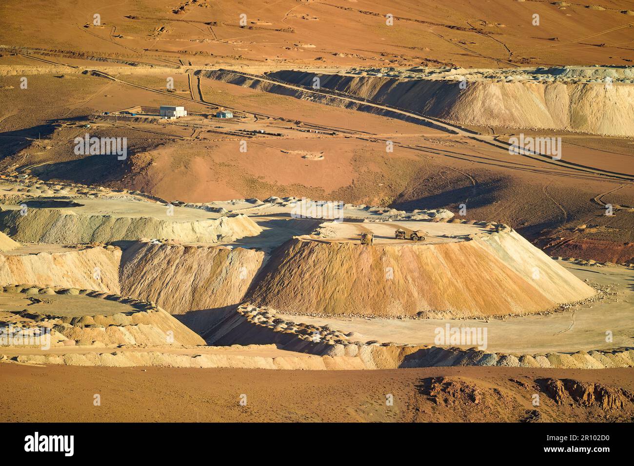 Vista dall'alto dello stoccaggio di concentrato di rame in una miniera di rame, Cile Foto Stock