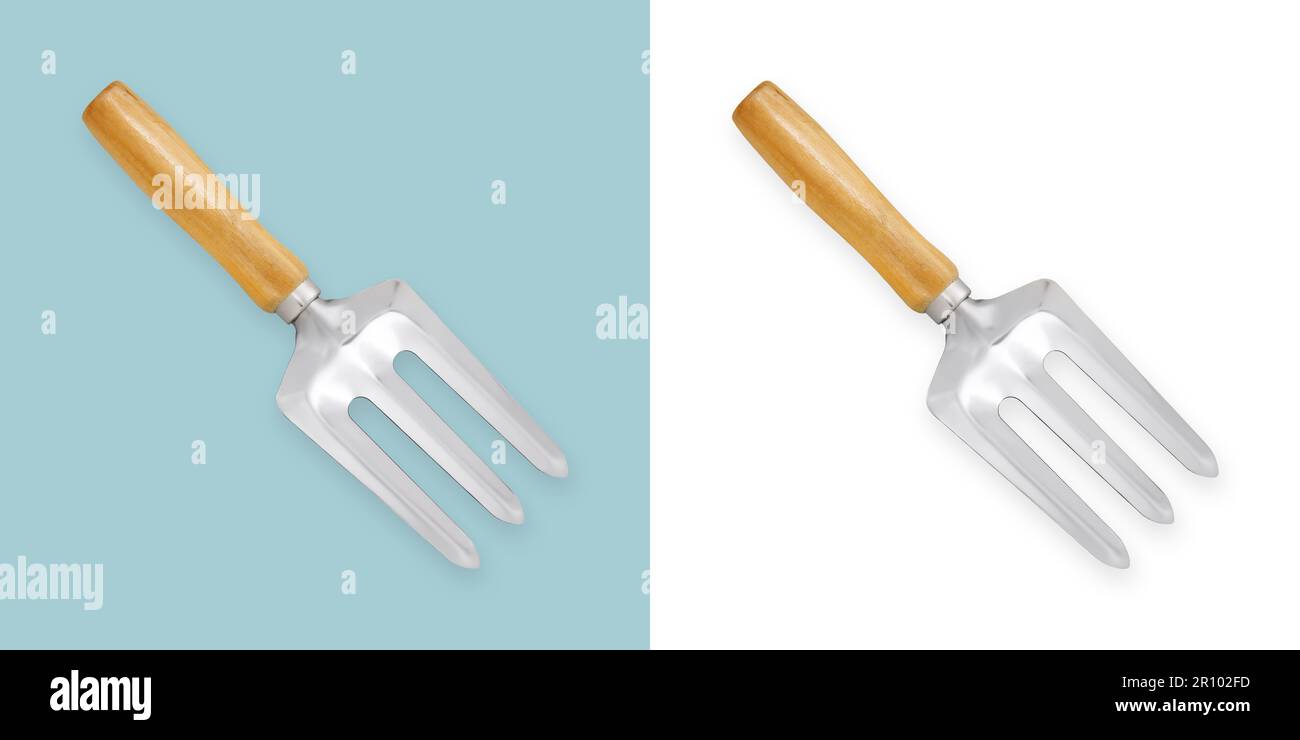 Utensile a forchetta per pinzatrice da giardino con manico in legno per lavori di piantatura e diserbatura, pacciamatura, trapianto, coltivazione del terreno intorno alle piante da giardinaggio e. Foto Stock
