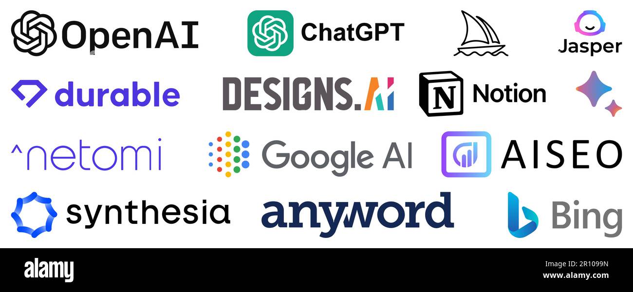 Vinnytsia, Ucraina - 9 maggio 2023: Set di servizi ai chatbot popolare logo azienda. OpenAI, ChatGPT, Midjourney, Jasper, durevole, Progetta intelligenza artificiale, nozione, G Illustrazione Vettoriale