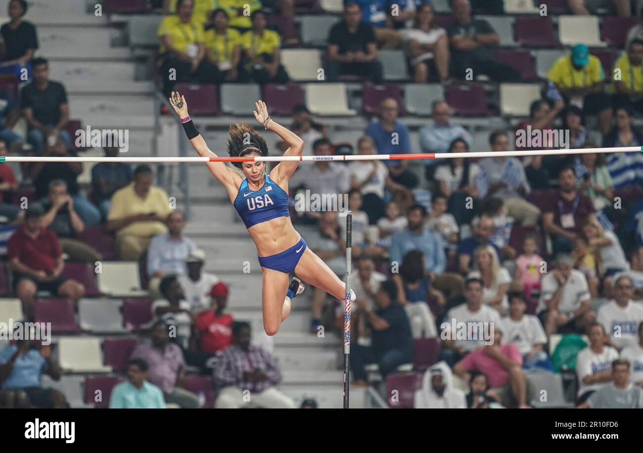 Jennifer SUHR partecipa alla pole vault ai campionati mondiali di atletica di Doha 2019. Foto Stock