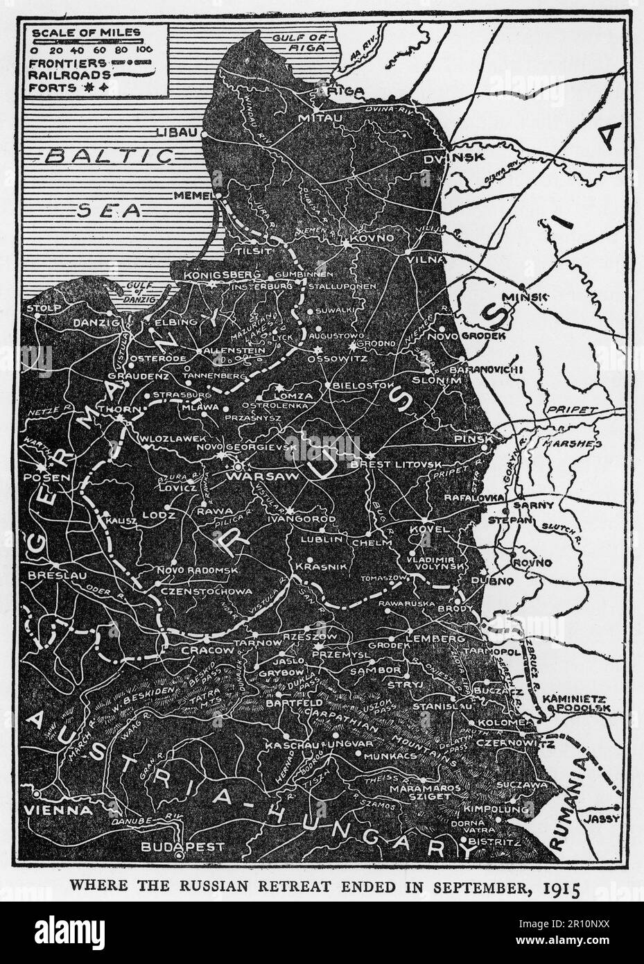 Mappa di dove il ritiro russo si è concluso nel settembre 1915 durante la prima guerra mondiale Foto Stock