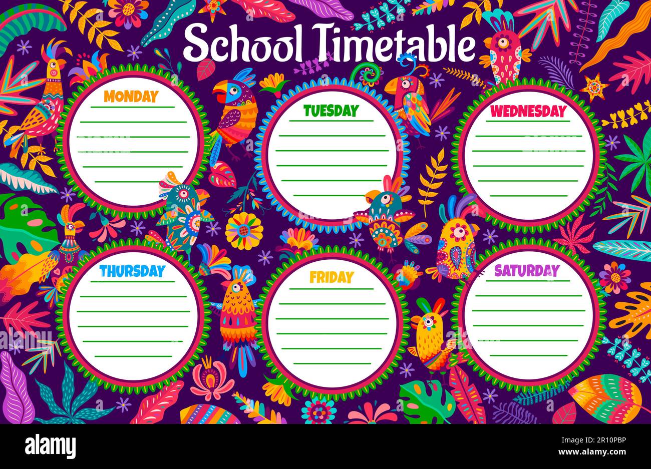 Programma di formazione. Cartoon pappagallo uccelli e fiori giungla. I bambini studiano il programma settimanale, il programma quotidiano della lezione della scuola o modello del vettore del pianificatore con i caratteri tropicali divertenti degli uccelli Illustrazione Vettoriale