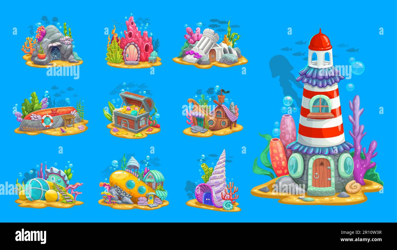 Edifici e abitazioni da favola sottomarine o case sottomarine, oggetti da gioco vettoriali per cartoni animati. Creature sottomarine case di barche sottomarine nella barriera corallina oceanica, sirena di mare o la dimora di pesci in conchiglia Illustrazione Vettoriale
