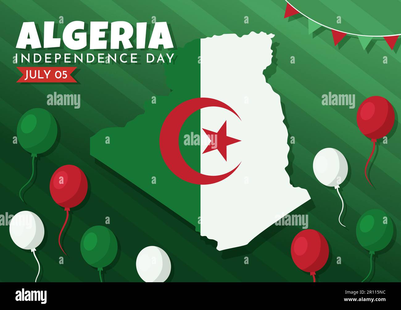 Felice Algeria Independence Day Vector Illustration con la bandiera ondeggiante in Cartoon piano disegnata a mano Landing Page Green background Templates Illustrazione Vettoriale