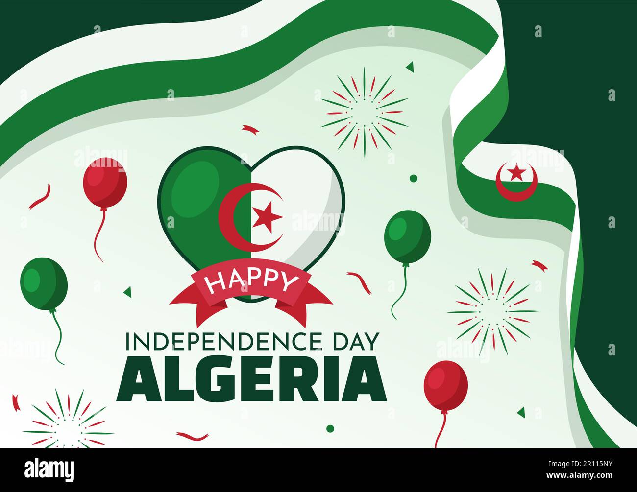 Felice Algeria Independence Day Vector Illustration con la bandiera ondeggiante in Cartoon piano disegnata a mano Landing Page Green background Templates Illustrazione Vettoriale