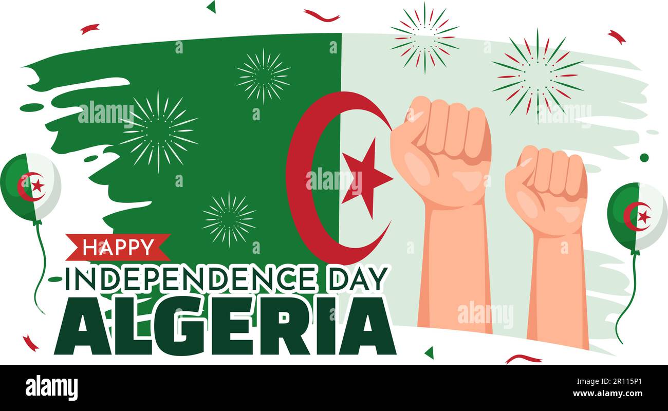 Felice Algeria Independence Day Vector Illustration con la bandiera ondeggiante in Cartoon piano disegnata a mano Landing Page Green background Templates Illustrazione Vettoriale