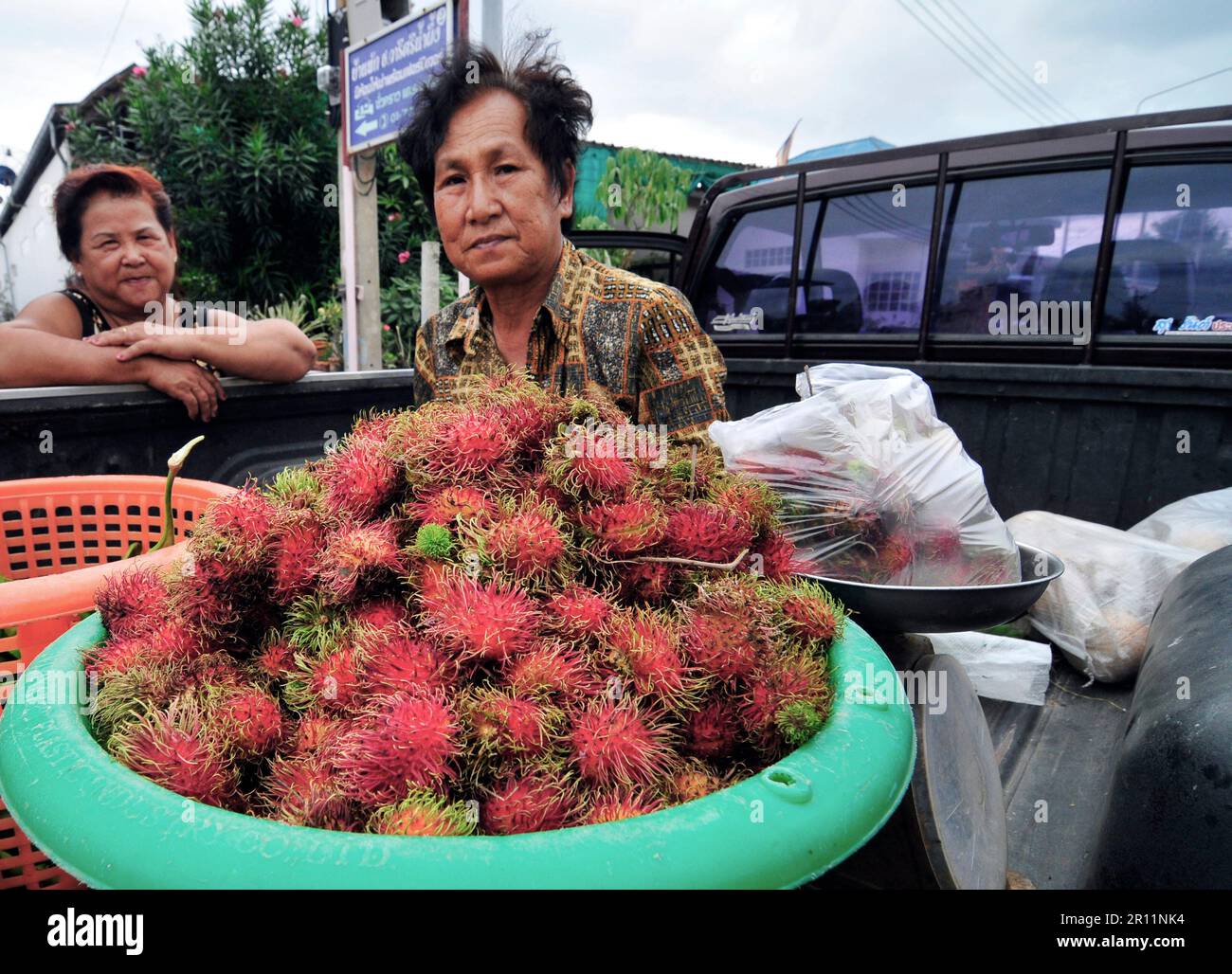 Vendita di rambutani dalla parte posteriore di un pick-up nel sud della Thailandia. Foto Stock