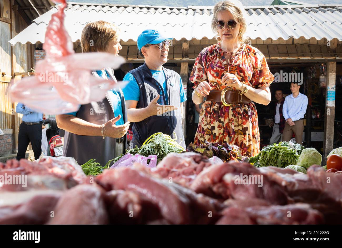 Hoang Lien, Vietnam. 11th maggio, 2023. La regina Mathilde del Belgio ha raffigurato durante una visita al mercato verde locale di Sapa, durante una missione reale in Vietnam, a Hoang Lien, Vietnam, giovedì 11 maggio 2023. La missione è organizzata dall'UNICEF Belgio in collaborazione con i dipendenti locali dell'UNICEF Vietnam. La visita della Regina in Vietnam si concentra sul lavoro dell'UNICEF per colmare le lacune educative e aumentare le opportunità per i bambini e gli adolescenti più vulnerabili nelle aree rurali più difficili da raggiungere. BELGA PHOTO BENOIT DOPPAGNE Credit: Belga News Agency/Alamy Live News Foto Stock