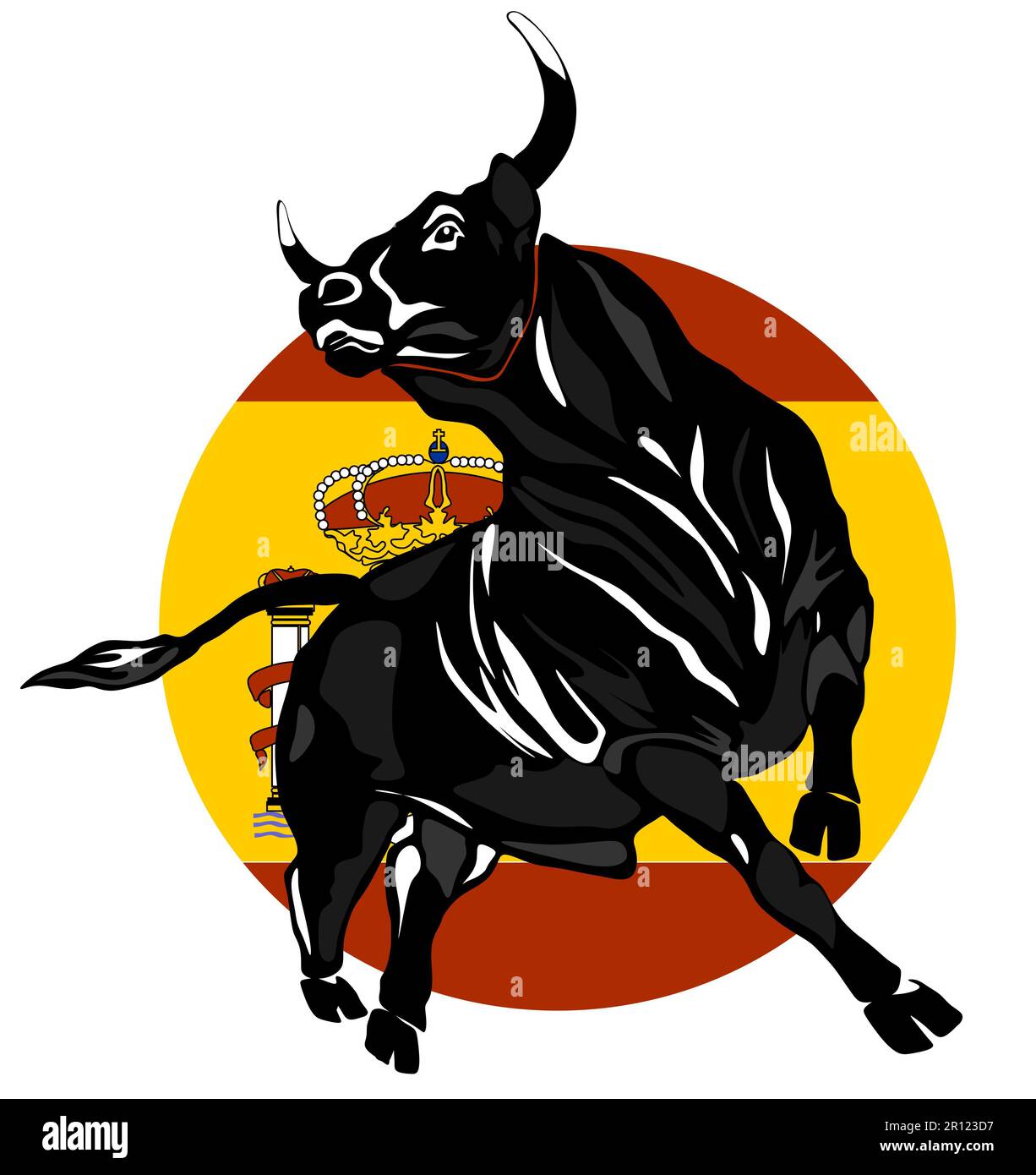 toro nero e bandiera della Spagna Foto Stock