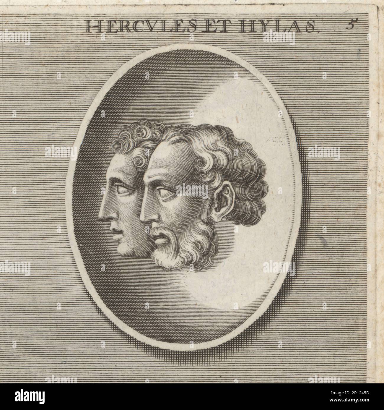 Ercole, eroe mitico romano, e Hylas, suo servo e compagno. Hercules et Hylas. Incisione su copperplate dopo un'illustrazione di Joachim von Sandrart dalla sua Academia Todesca, della architettura, scultura & Pittura, oder Teutsche Academie, der Edlen Bau- Bild- und Mahlerey-Kunste, Accademia tedesca di architettura, scultura e pittura, Jacob von Sandrart, Norimberga, 1675. Foto Stock